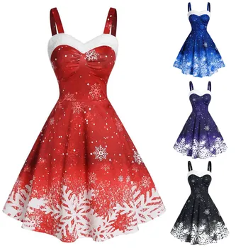 Vianočné Šaty Žien Zime Bez Rukávov Šatka Šaty Šaty, Elegantné Vintage Snowflake Vytlačiť, Ramenný Party Šaty Vestidos