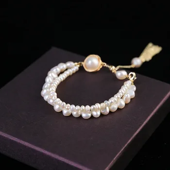 Vintage Kovové Strapec Nastaviteľné Ručné Sladkovodné Perly Náramok Elegantné Darčeky Dvojvrstvové Korálky Náramok Šperky pre Ženy SL6