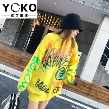 YOKO Sveter žena 2019 jeseň zima nové módne voľné kórejská verzia ručne maľované graffiti lenivý štýl sveter plus veľkosť šaty