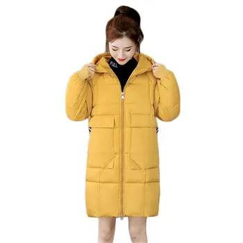 Zimný Kabát Ženy Žltá Nadrozmerná Voľné Dole Bavlna Bundy 2020 Jeseň Nový kórejský Módne Dlhé Hrubé Teplo Kapucňou Parkas JD940