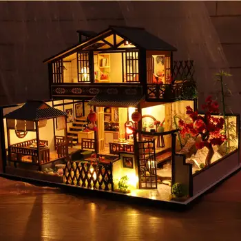 Čínsky Štýl DIY Doll House Miniatúrne Nábytok Drevený domček pre bábiky Antickej Architektúry Loft Dar, Dom, Hračky pre Deti,