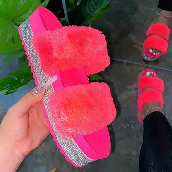 Ženy Kožušiny Papuče Drahokamu Platformu Ploché Päty Hrubé Jediným Svetlé Farby, Luxusné Celebrity Lete Listov Sandále Dámske Topánky