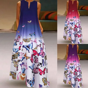Ženy Plus Veľkosť Šaty Butterfly Vytlačiť Denné bez Rukávov Vintage Boho V Krku Maxi Šaty, letné šaty pre ženy kobieta sukienka