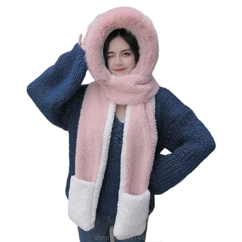 Ženy Zimné Fuzzy Plyšové 3 V 1 S Kapucňou Šatka, Klobúk Rukavice Nastaviť Kontrast Uši Earflap Spp Krku Teplejšie Palčiaky N09 20 Dropshipping